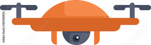 Orange drone with camera is hovering and recording video footage