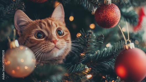 The feline peers from the limbs of a festooned Yuletide tree.