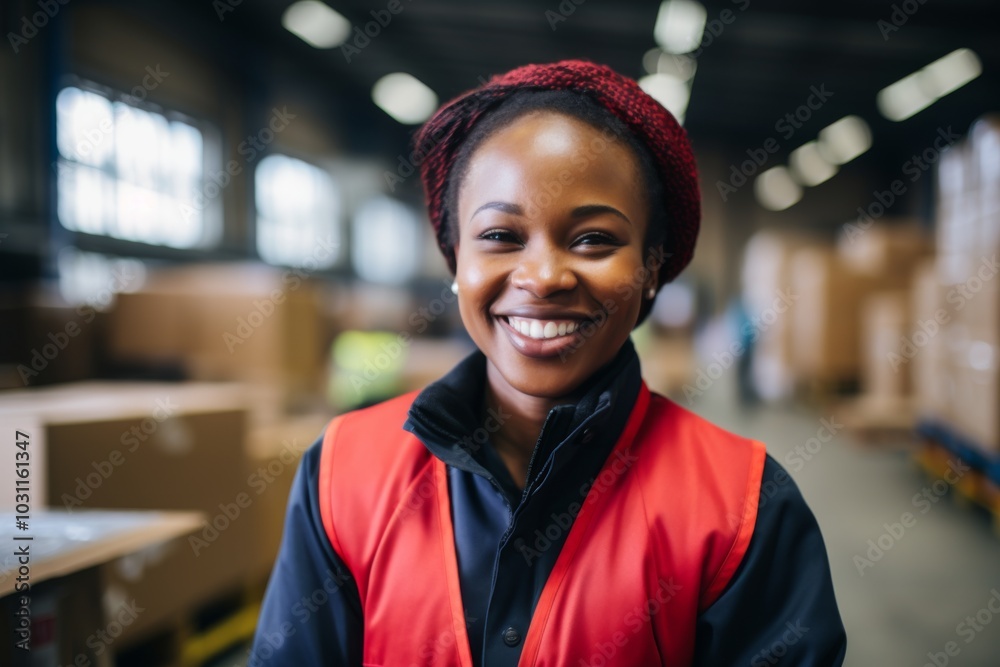 Fototapeta premium Portrait of a smiling African American female worker at factory