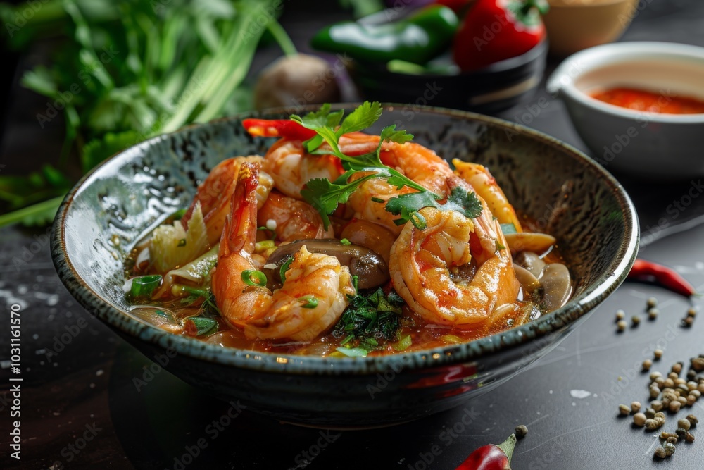Tom Yum: A bowl of spicy and sour tom yum soup with shrimp and mushrooms Tom Yum: A bowl of spicy and sour tom yum soup with shrimp and mushrooms