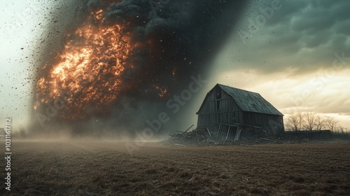 A fiery tornado approaches a weathered barn in a rural field, creating a dramatic and ominous scene.