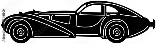 Illustration of vintage old cars in a black and white silhouette style, depicting transportation.