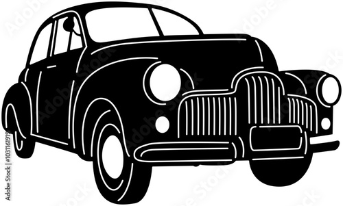 Illustration of vintage old cars in a black and white silhouette style, depicting transportation.