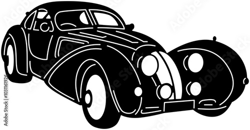 Illustration of vintage old cars in a black and white silhouette style, depicting transportation.