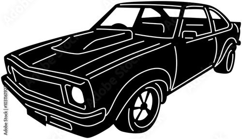 Illustration of vintage old cars in a black and white silhouette style, depicting transportation.