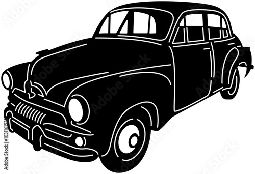 Illustration of vintage old cars in a black and white silhouette style, depicting transportation.