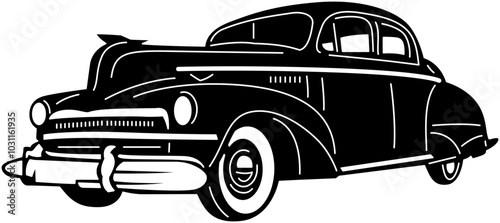 Illustration of vintage old cars in a black and white silhouette style, depicting transportation.