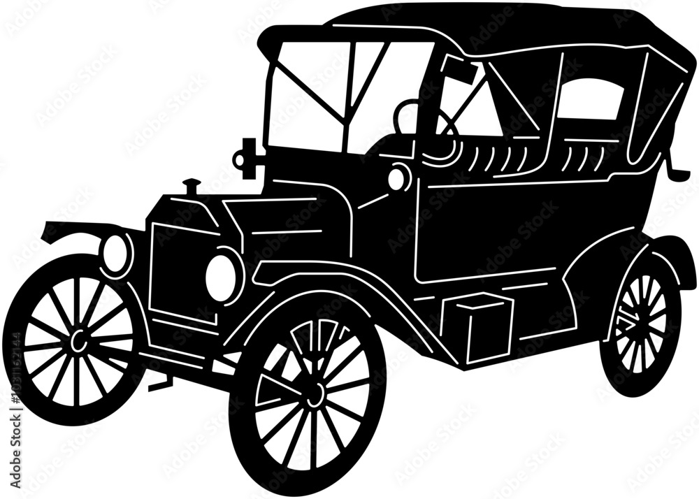 Fototapeta premium Illustration of vintage old cars in a black and white silhouette style, depicting transportation.