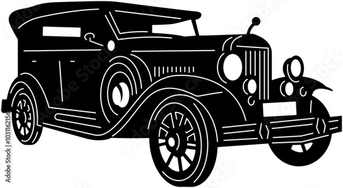 Illustration of vintage old cars in a black and white silhouette style, depicting transportation.