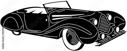 Illustration of vintage old cars in a black and white silhouette style, depicting transportation.