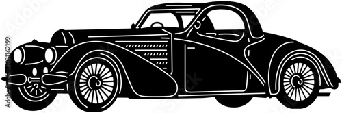 Illustration of vintage old cars in a black and white silhouette style, depicting transportation.