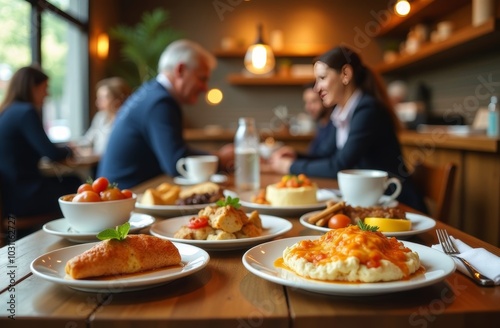 Breakfast meeting featuring a variety of dishes in a cozy café with soft lighting and people engaged in conversation photo