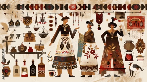 Illustration of Culinary Traditions in Rich Brown and Cream