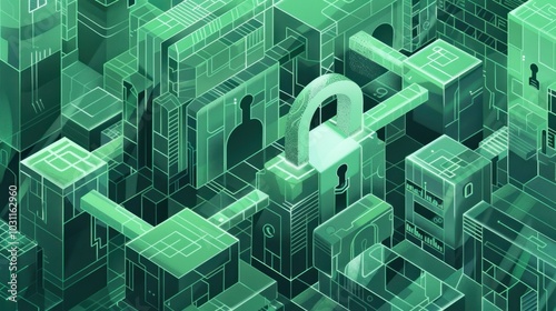 Data privacy regulations in green and silver illustration with line art and icons emphasizing shield and lock for engaging concept visualization