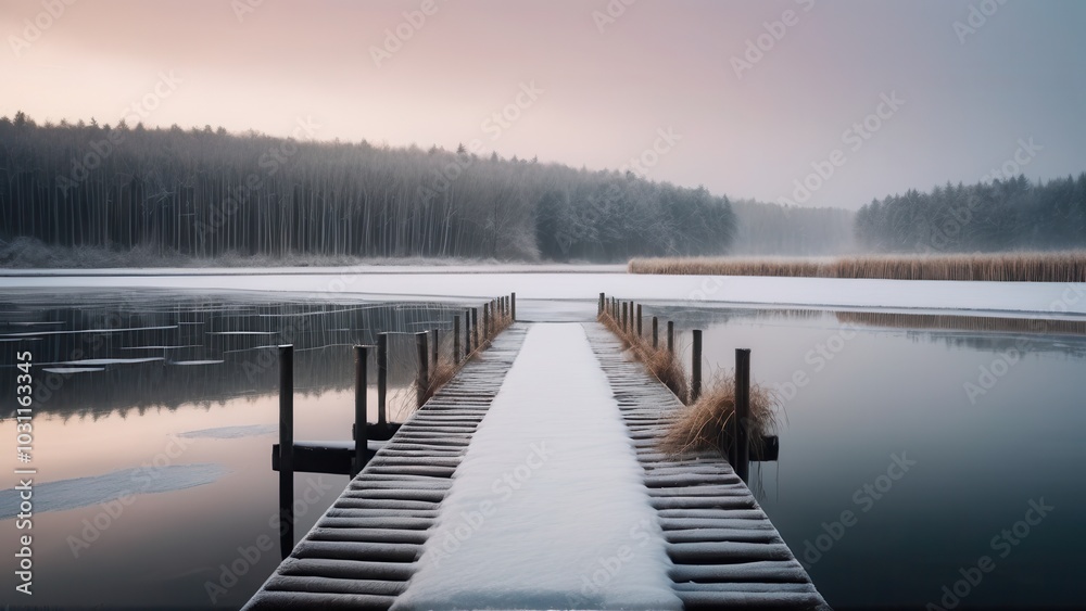 Naklejka premium Snow-covered dock extending into a calm frozen lake in a rural winter landscape