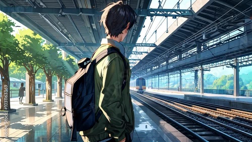 2d animation of young man standing on the railway station