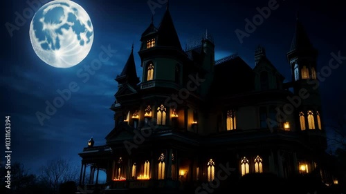 Spooky haunted house on halloween night, lit by full moon. Gothic mansion, vintage, eerie vibe. Ideal for halloween designs photo