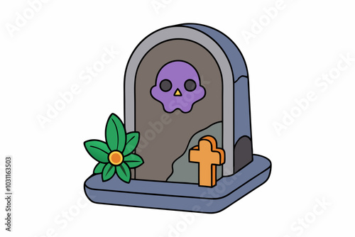 Gravestone or tombstone. Element of Halloween and death. Grave in cemetery. Funeral and burial. Old Stone with crack with flower. Flat cartoon isolated illustration.with white background