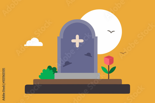 Gravestone or tombstone. Element of Halloween and death. Grave in cemetery. Funeral and burial. Old Stone with crack with flower. Flat cartoon isolated illustration.with white background