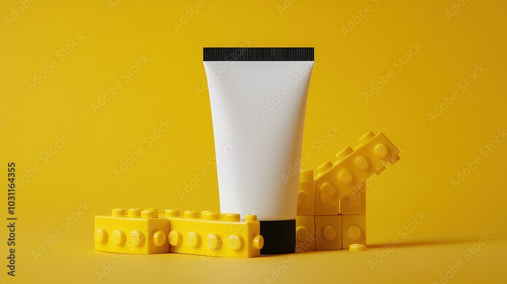 White tube of cream on a yellow background with yellow building blocks around it. White tube of cream on a yellow background with yellow building blocks around it.