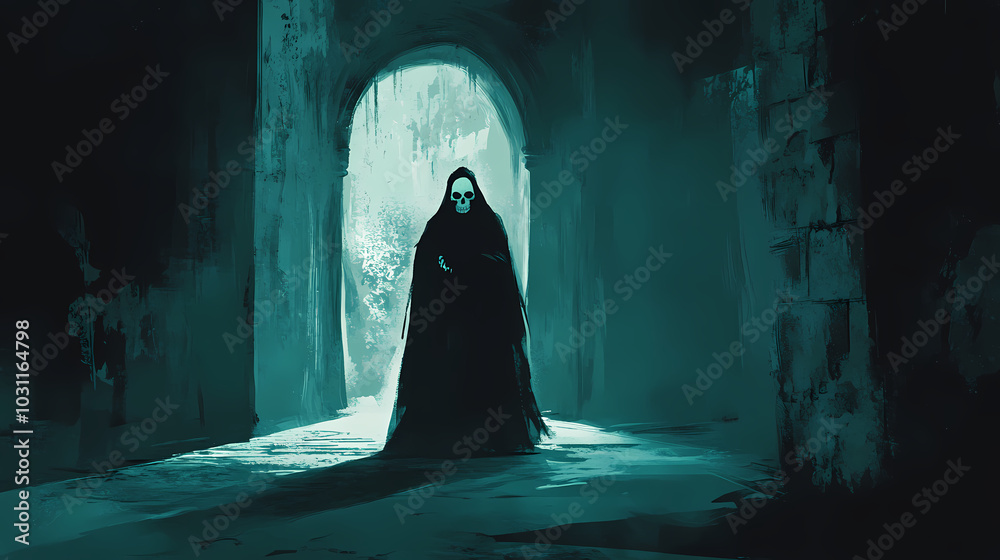 Grim reaper in shadows - spooky halloween illustration of sinister figure with skull face in dark masquerade. Shadowy Specter. Illustration