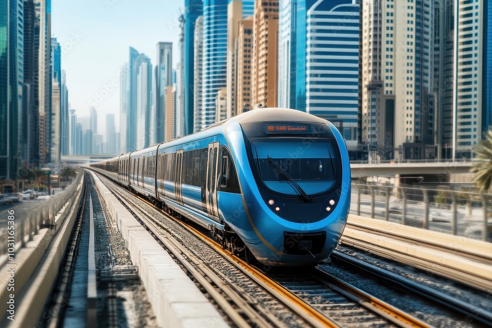 Naklejka premium Modern Train Moving Through Cityscape with Tall Buildings