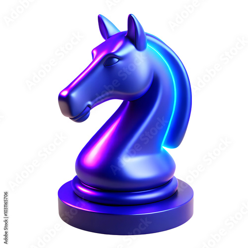 Horse chess piece with neon glow 3d icon isolated on the transparent background