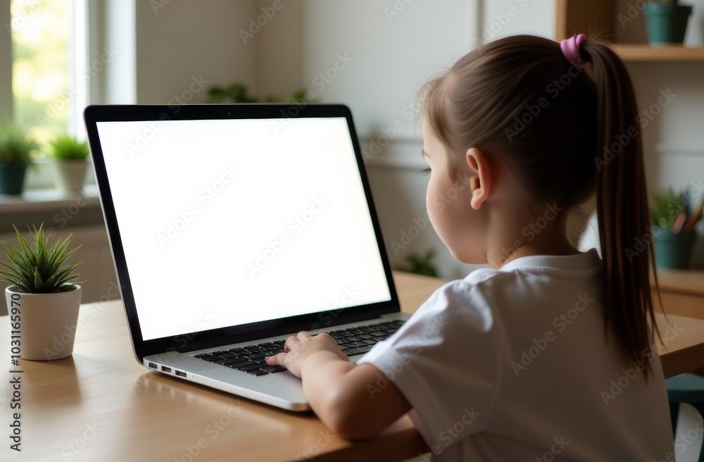 Young girl focused on using a laptop at home in a bright, plant-filled room during the afternoon Young girl focused on using a laptop at home in a bright, plant-filled room during the afternoon