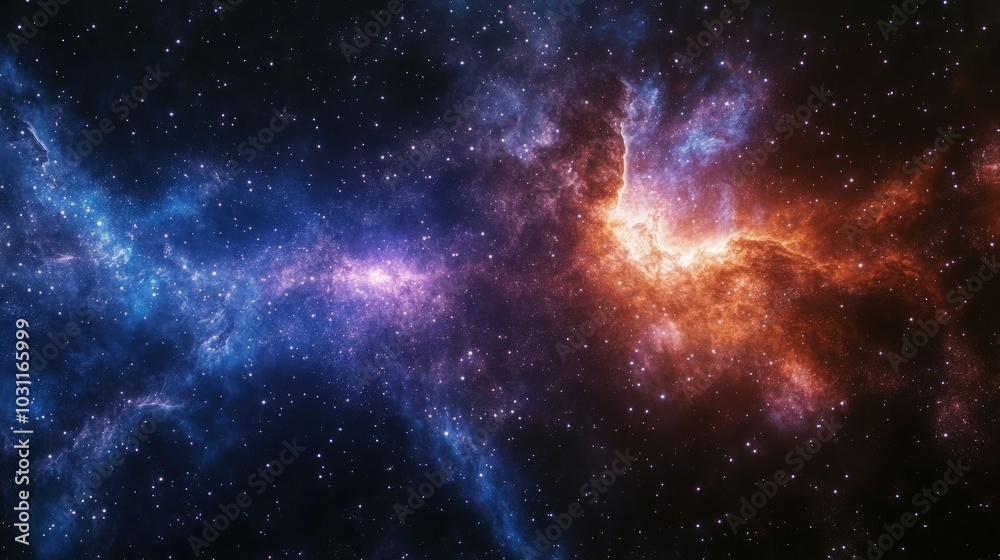Naklejka premium A vibrant nebula in space with swirling clouds of gas and dust in shades of blue and orange, against a backdrop of twinkling stars.