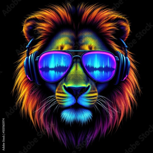 Lion with headphones and sunglasses glowing 