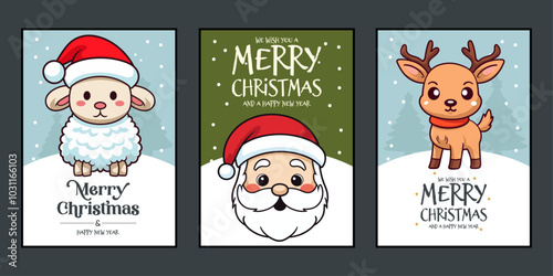 Greeting Card Set: Merry Christmas and Happy New Year with Cute Santa Claus, Reindeer, and Sheep Lettering Vector 