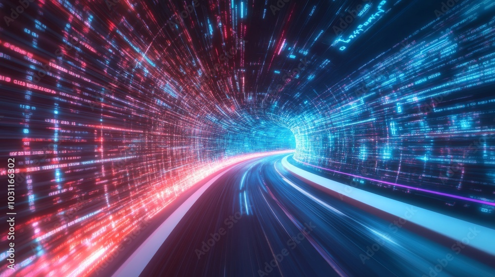 abstract representation of a swirling data tunnel, featuring glowing blue and orange patterns that suggest high-tech digital movement. abstract representation of a swirling data tunnel, featuring glowing blue and orange patterns that suggest high-tech digital movement.