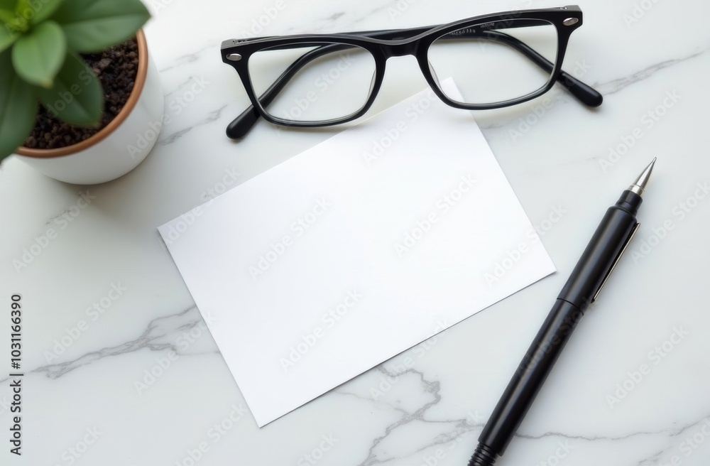 Fototapeta premium A cozy workspace setup featuring glasses, a pen, and a blank card beside a small potted plant on a marble surface