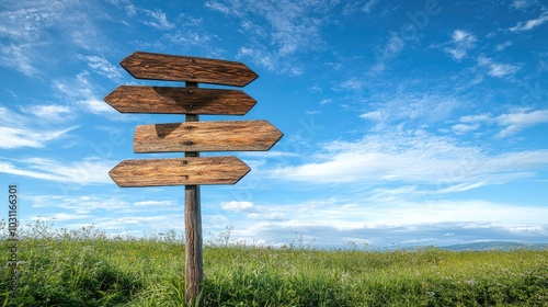 Wooden signpost with blank signs. Perfect for adding your own text or graphics to create a motivational or directional image. photo