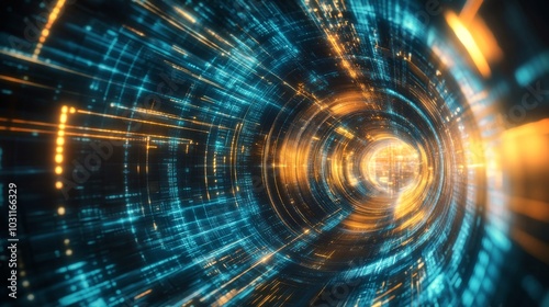 Wallpaper Mural abstract representation of a swirling data tunnel, featuring glowing blue and orange patterns that suggest high-tech digital movement. Torontodigital.ca