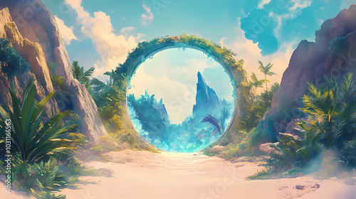 Heaven's gate, mystical round portal in desert leads to lush, vibrant paradise garden filled with tropical plants. fantasy, adventure, escapism and nature concept. Teleportation Portal. Illustration
