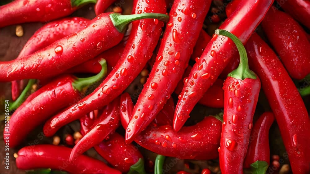 Red chili peppers with drops of water background Red chili peppers with drops of water background