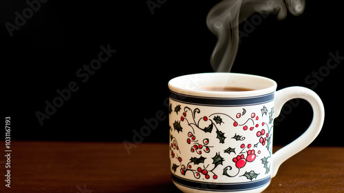 Holiday Mug with Steaming Coffee on Wooden Surface