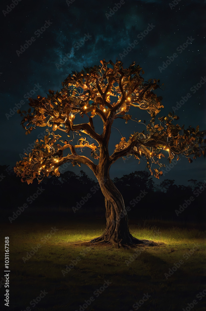 A glowing magical tree illuminating the night, casting vibrant colors around its surroundings and creating a whimsical and enchanting atmosphere in nature A glowing magical tree illuminating the night, casting vibrant colors around its surroundings and creating a whimsical and enchanting atmosphere in nature