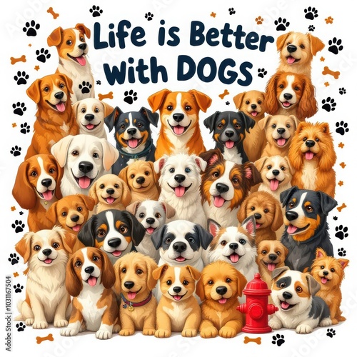 Group of cartoon dogs with Life is Better with Dogs text 