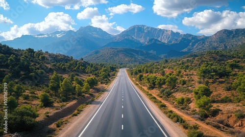 Empty road through mountain range. Perfect for travel, adventure, or freedom themes.