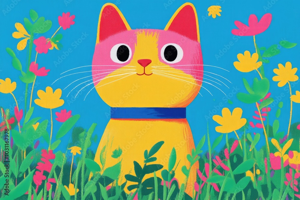 Obraz premium In a cheerful garden filled with vibrant flowers, a playful yellow cat with pink markings gazes curiously at its surroundings, exuding a sense of joy and wonder