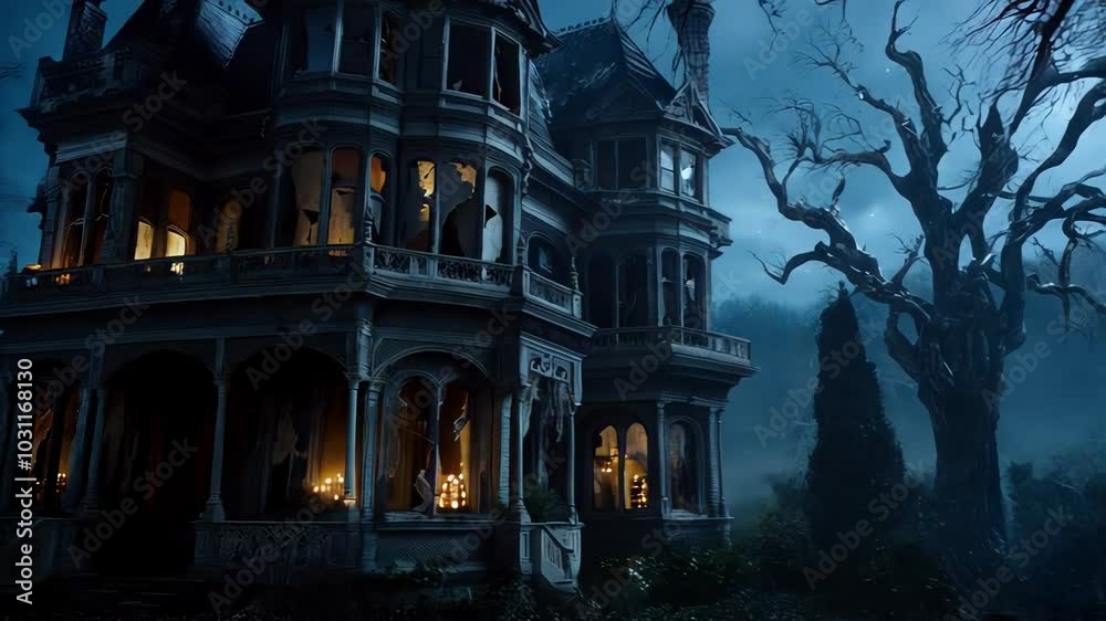 Spooky haunted house is casting scary shadows under the full moon, with ghosts and other creatures lurking in the darkness