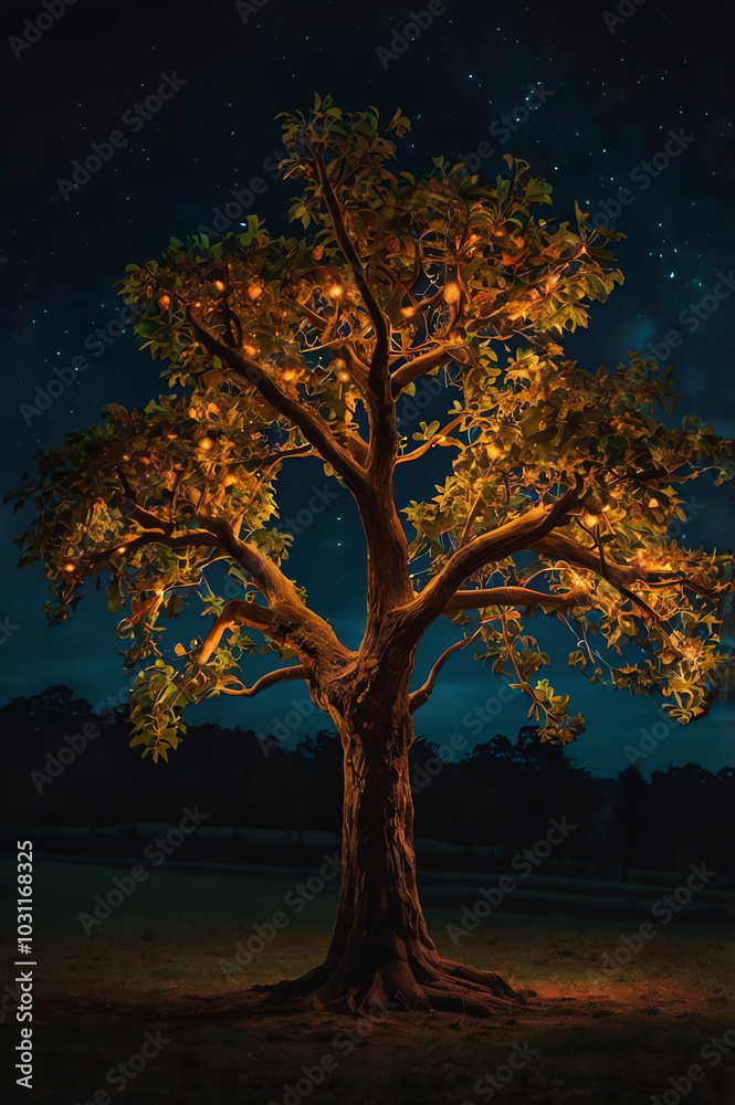 A radiant magical tree shining brightly in the dark of night, casting vibrant colors around its surroundings and creating an enchanting and whimsical atmosphere in nature A radiant magical tree shining brightly in the dark of night, casting vibrant colors around its surroundings and creating an enchanting and whimsical atmosphere in nature