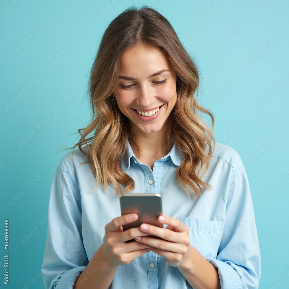 Mulher jovem bonita de camisa e fundo azul com celular na mão sorrindo 3 Mulher jovem bonita de camisa e fundo azul com celular na mão sorrindo 3