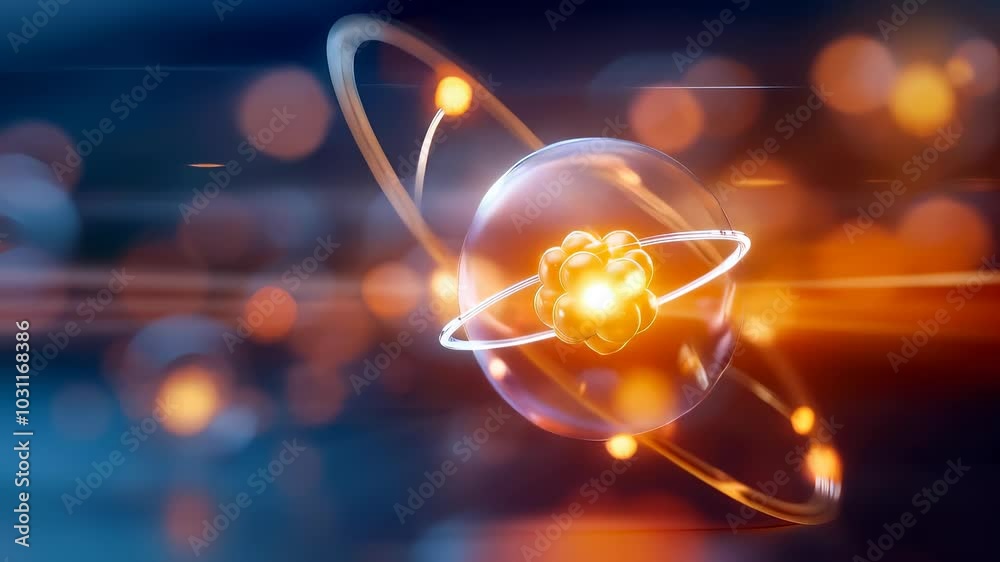 Vibrant and dynamic representation of atom, showcasing its nucleus and orbiting electrons, with glowing elements symbolizing energy and fundamental building blocks of molecular physics and chemistry.