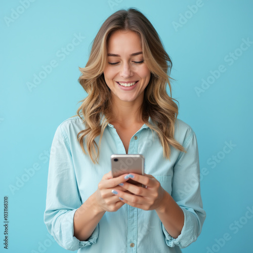 Mulher jovem bonita de camisa e fundo azul com celular na mão sorrindo 1 photo