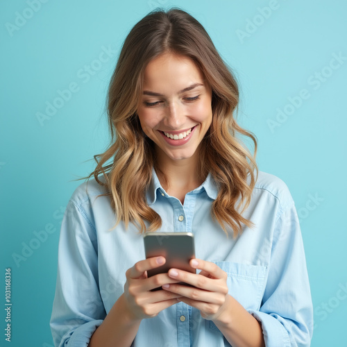 Mulher jovem bonita de camisa e fundo azul com celular na mão sorrindo 3 photo