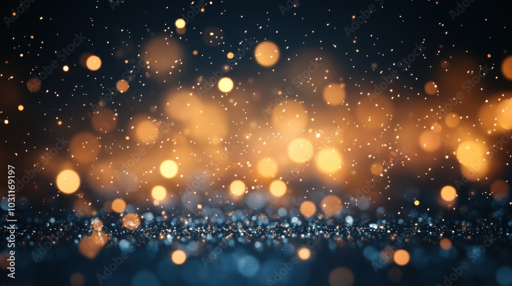 Obraz premium Abstract background with golden bokeh lights and glittering particles.