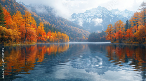 Lake by the mountains with fall scenery